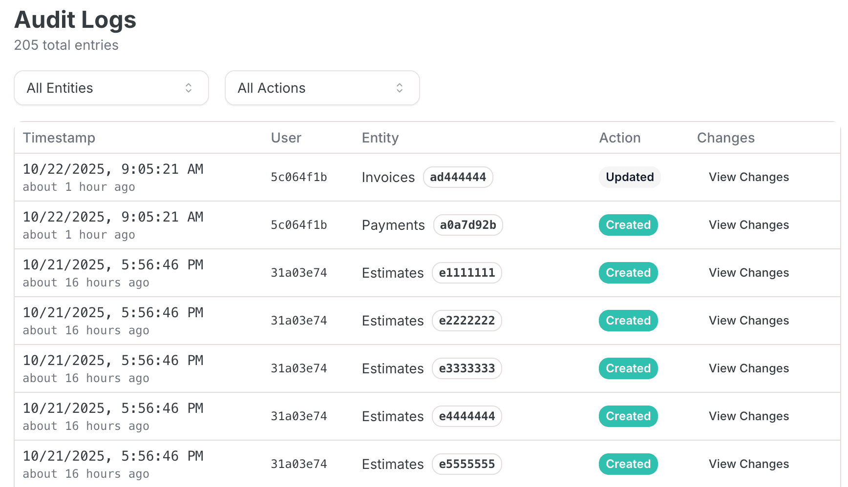 Audit logs interface showing detailed change tracking and user accountability
