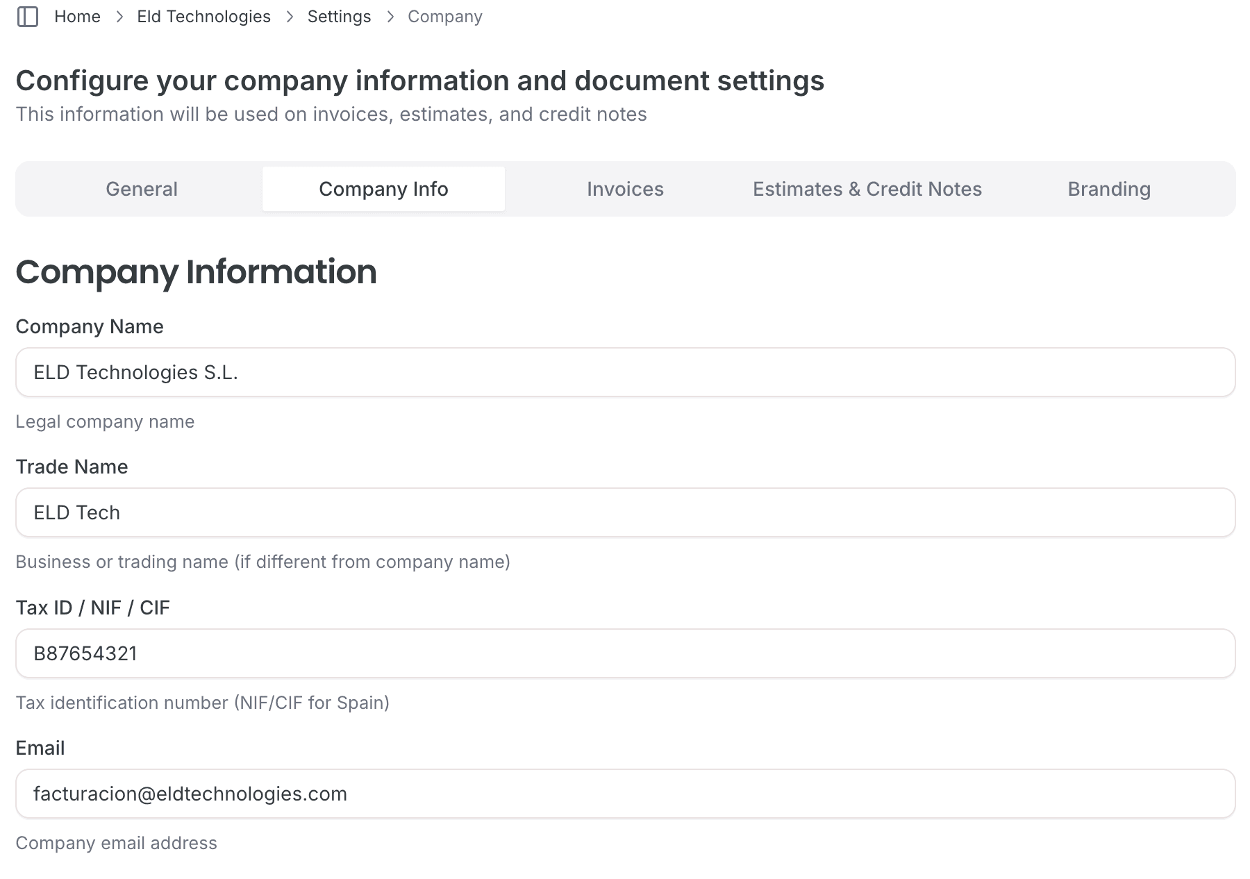 Company settings interface for configuring business information and preferences
