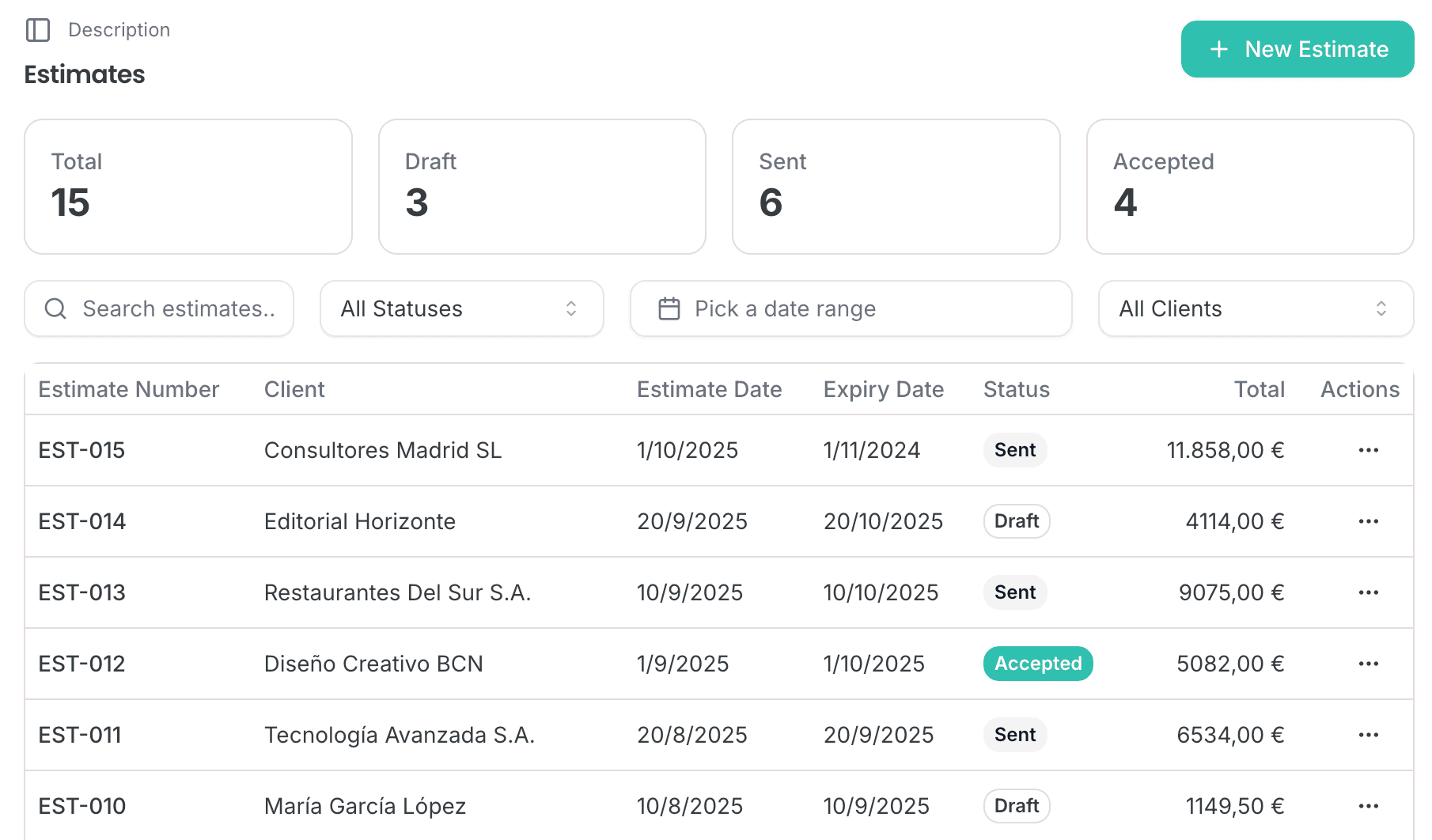 Estimates interface showing quote creation and conversion to invoice
