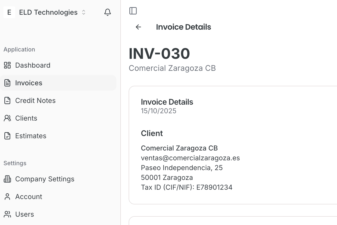 Invoice management interface showing line items, VAT calculations, and payment tracking