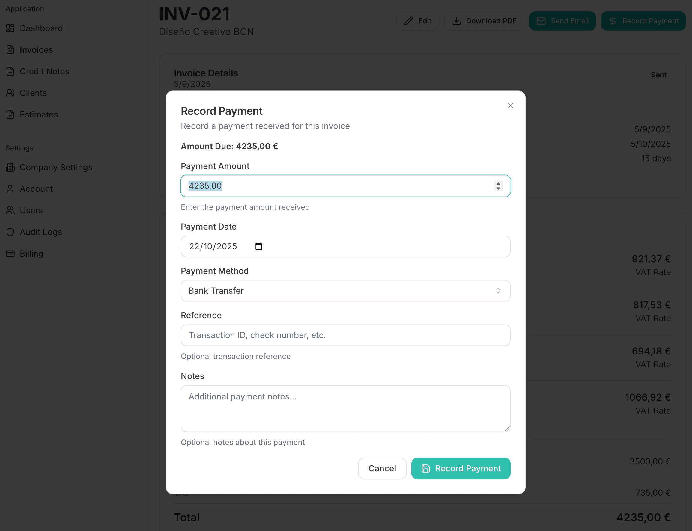 Payment tracking interface showing payment methods, amounts, and status
